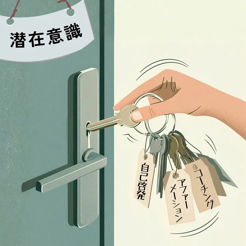 「潜在意識」の札が掛かったドアの鍵穴に、自己啓発・アファーメーション・コーチングの札が付いた鍵束を差し込もうとしている
