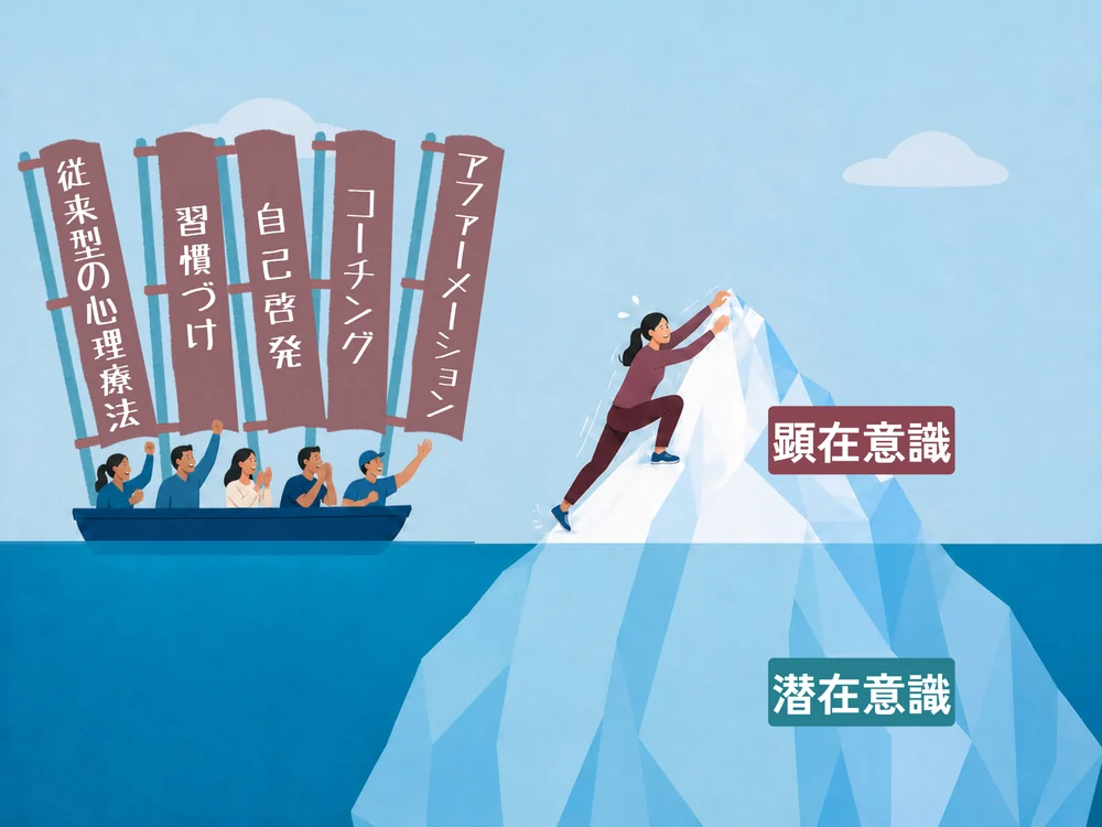 氷山の水面上に出た部分を女性が押している。船の上から自己啓発・習慣づけ・コーチング・アファーメーション・従来型の心理療法の旗を持った人たちが応援している